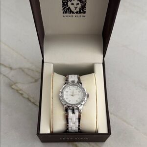 Anne Klein Silver and White Ceramic Women's Bracelet Watch